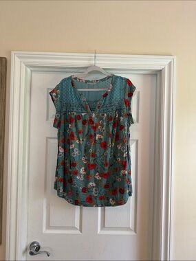 Daniel Rainn Teal Floral Crochet Yoke Blouse